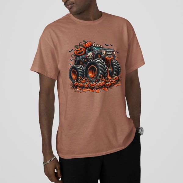 Camiseta Básica Masculina Halloween Monster Truck 100% Algodão Premium - Caqui