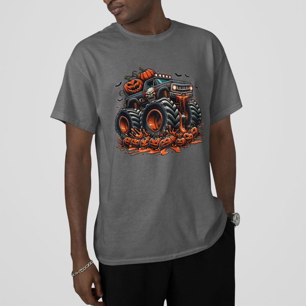 Camiseta Básica Masculina Halloween Monster Truck 100% Algodão Premium - Chumbo