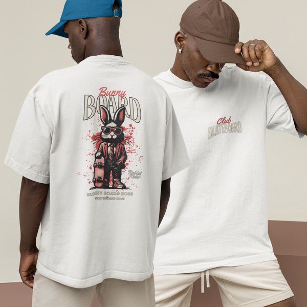 Camiseta Básica Masculina Bunny Board Skate Costas 100% Algodão Premium - Branco
