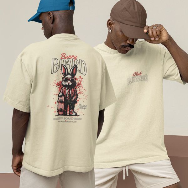 Camiseta Básica Masculina Bunny Board Skate Costas 100% Algodão Premium - Off White