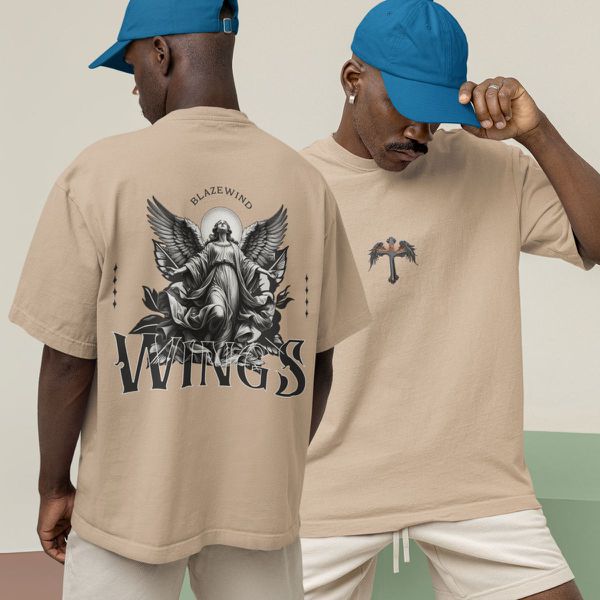 Camiseta Masculina Anjo Bíblico Wings Costas 100% Algodão Premium - Caqui