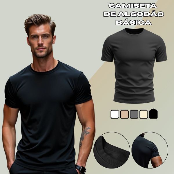 Camiseta Básica Masculina Lisa 100% algodão 30.1 (CM01-LISA) - Preto