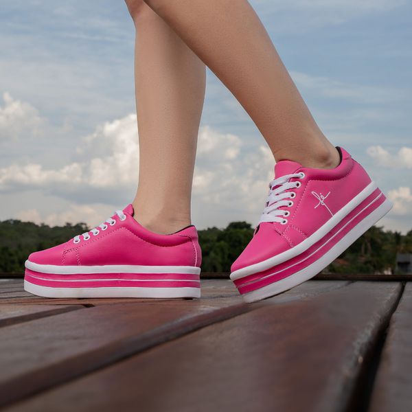 Tênis Feminino Rosa Bordado Fé Plataforma Flatform Com Tiras