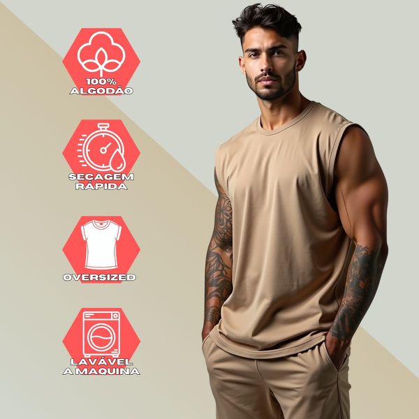 Camiseta Regata Masculina Machão Muscle Lisa 100% Algodão Premium - Caqui