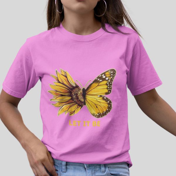 Camiseta Básica Feminina Let It Be Girassol Camisa 100% Algodão Premium - Rosa