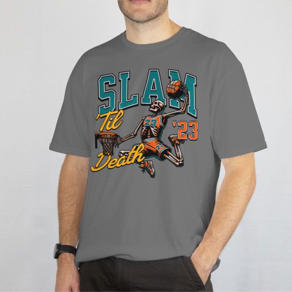 Camiseta Básica Masculina Esqueleto Basquete Slam 100% Algodão Premium - Chumbo
