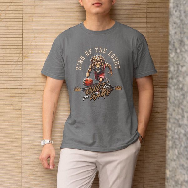 Camiseta Básica Masculina Leão King Of The Court 100% Algodão Premium - Chumbo