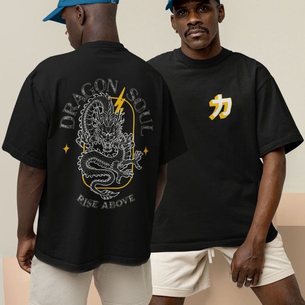 Camiseta Básica Masculina Dragão Chines Dragon Soul Frente E Costas 100% Algodão Premium - Preto