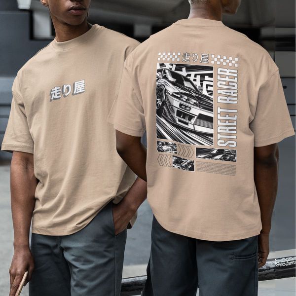 Camiseta Básica Masculina Carro De Corrida De Rua Frente E Costas 100% Algodão Premium - Caqui