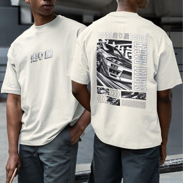Camiseta Básica Masculina Carro De Corrida De Rua Frente E Costas 100% Algodão Premium - Off White