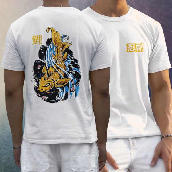 Camiseta Básica Masculina Carpa Escrito Japonês Frente e Costas 100% Algodão Premium - Branco