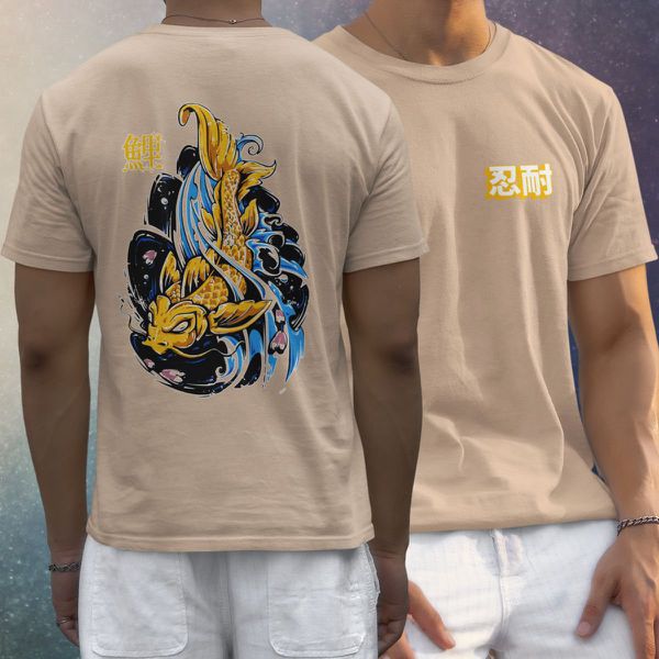 Camiseta Básica Masculina Carpa Escrito Japonês Frente e Costas 100% Algodão Premium - Caqui
