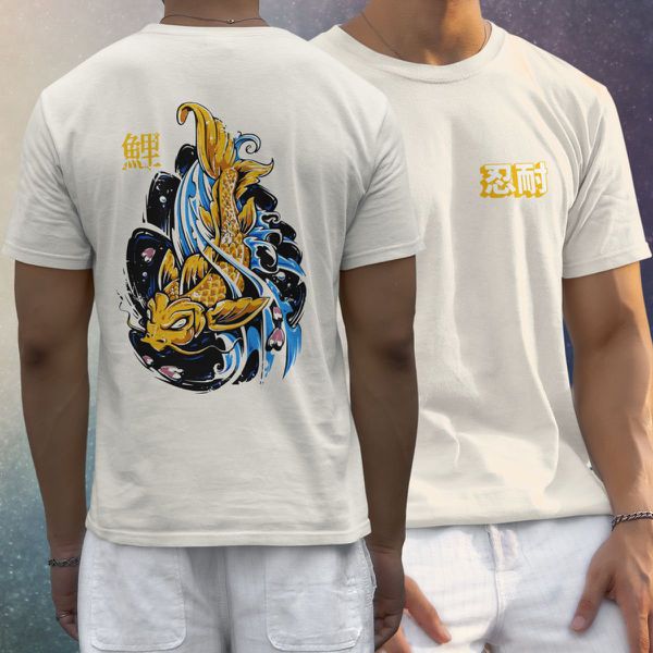 Camiseta Básica Masculina Carpa Escrito Japonês Frente e Costas 100% Algodão Premium - Off White
