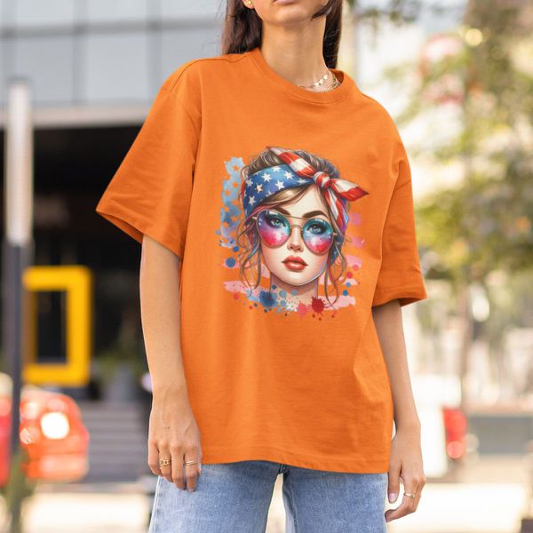 Camiseta Feminina Americana USA Bandeira 100% Algodão Premium - Laranja