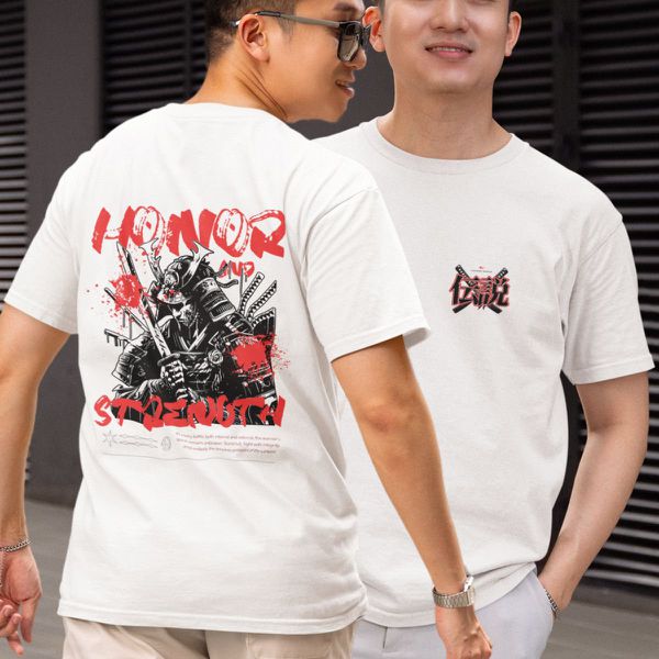 Camiseta Masculina Honra Samurai Frente E Costas 100% Algodão Premium - Branco