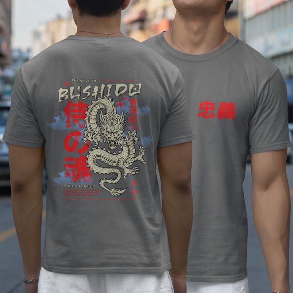 Camiseta Masculina Bushido Dragão Frente E Costas 100% Algodão Premium - Chumbo