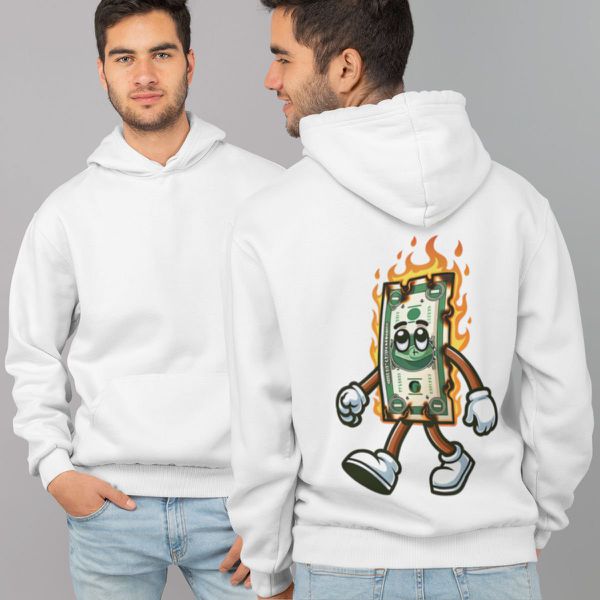 Moletom Unissex Canguru Com Capuz Dinheiro Em Chamas - Branco