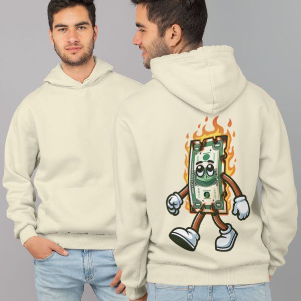 Moletom Unissex Canguru Com Capuz Dinheiro Em Chamas - Off White