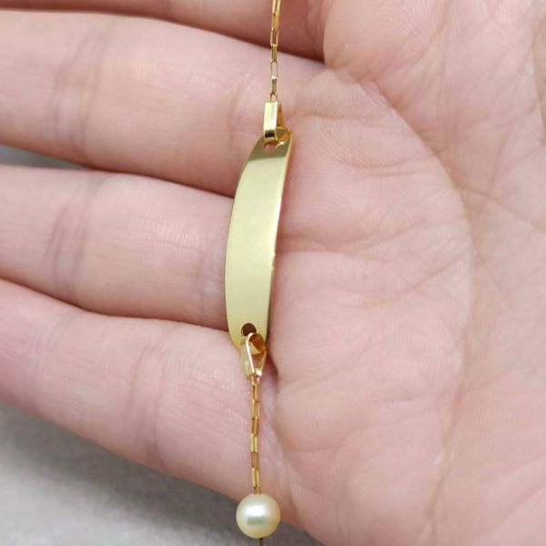 PULSEIRA EM OURO AMARELO 18K 750 INFANTIL PLACA PERÓLAS 3MM