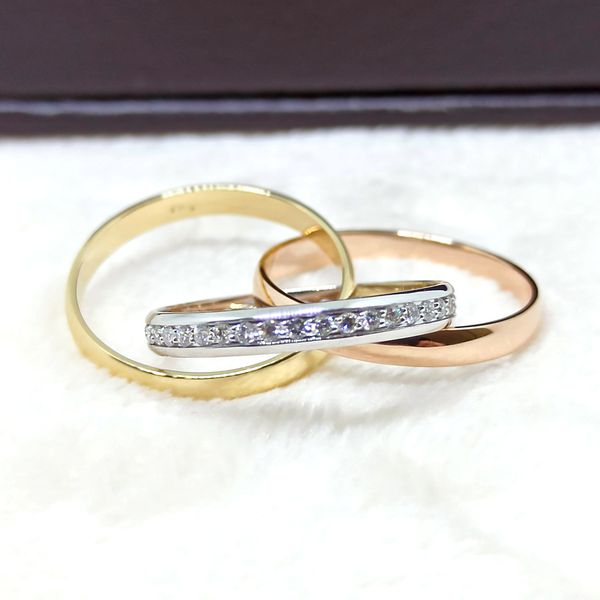 Aliança Tricolor Elegância em Ouro 18K com Aro de Diamantes - 3 Aros 