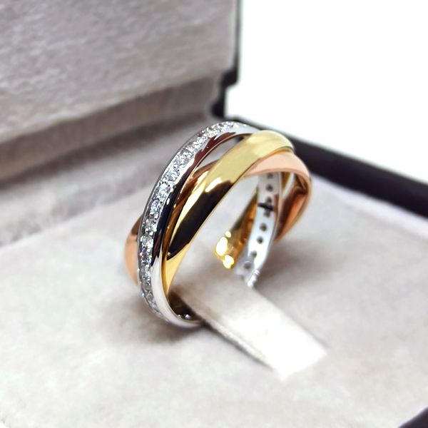 Aliança Tricolor Elegância em Ouro 18K com Aro de Diamantes - 3 Aros 