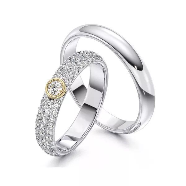Aliança Solitário Com Diamantes - Casamento e Noivado - Ouro 18k