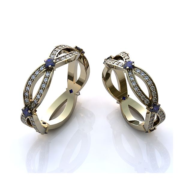 Aliança de Casamento Luxuosas Safiras Azuis Cravejadas com Diamantes 
