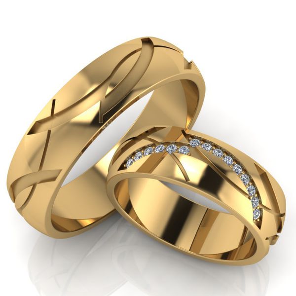 Aliança de Casamento Elegância Geométrica em Ouro 18k - Cravejada com 15 Brilhantes