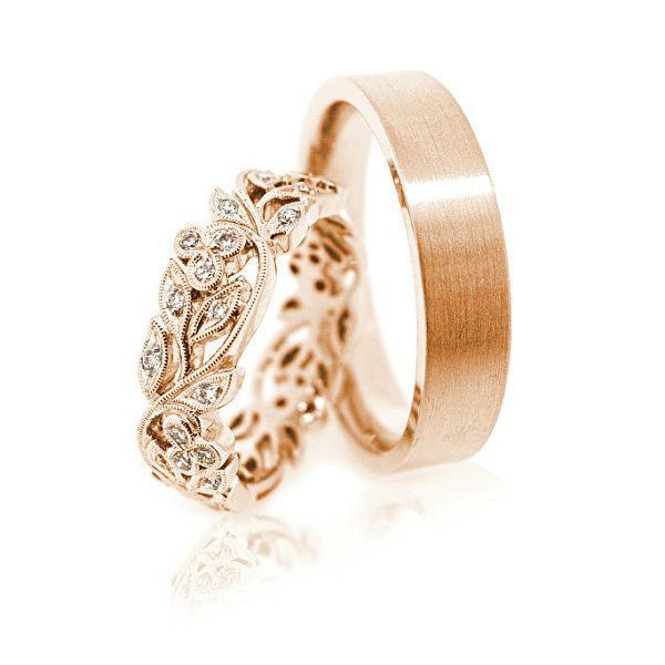 Alianças de Casamento Folhas Esculpidas Ouro 18k 35 Diamantes 