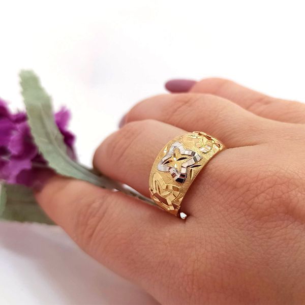 Anel em Ouro 18k Tricolor Abaulada Flor