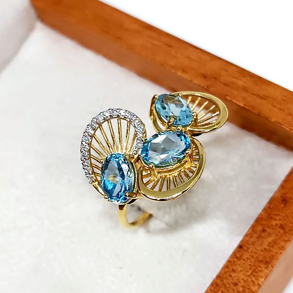 Anel Ouro 18k Topázio Acapulco Azul com Brilhantes