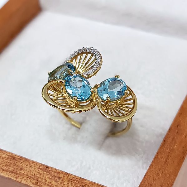 Anel Ouro 18k Topázio Acapulco Azul com Brilhantes