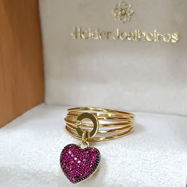 Anel em Ouro 18k Pingente Coração Cravejado com Rubi
