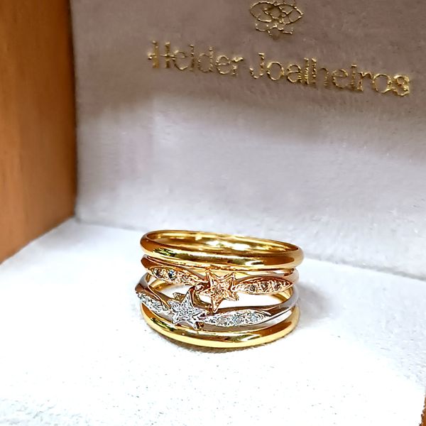 Anel em Ouro 18k Estrela Tricolor com Diamantes
