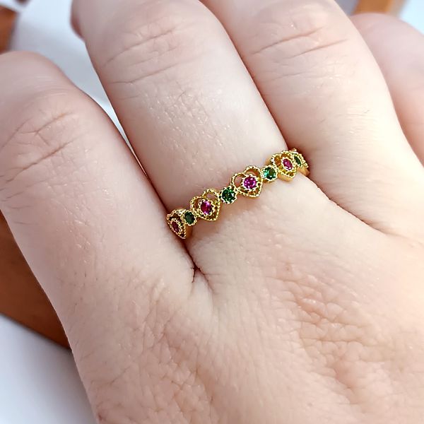 Anel em Ouro 18k Coração com Pontos Coloridos