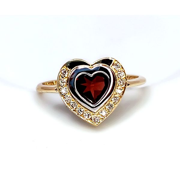 Anel Coração de Granada Ouro 18k c/ Diamantes