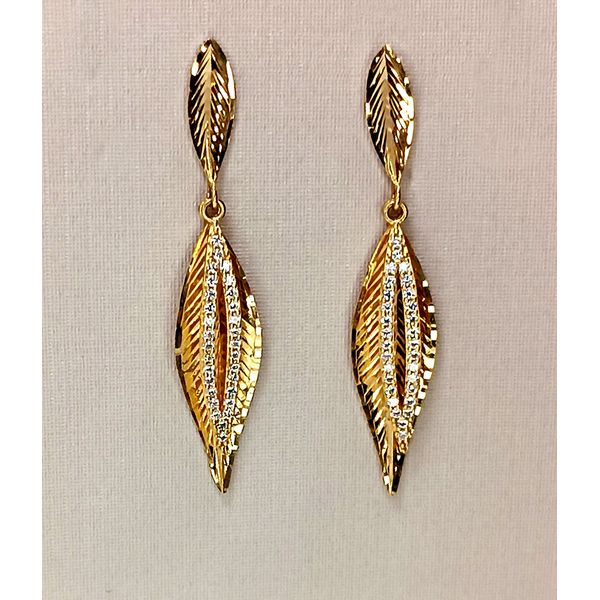 Brinco em Ouro 18k 750 Folhas Dupla Pingente com Pedras