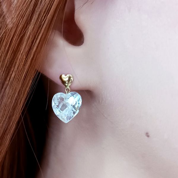 Brinco em Ouro 18k Pingente Coração Zircônia Facetado