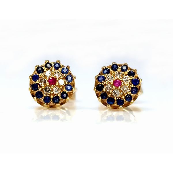 Brinco em Ouro 18k Redondo Cravejado com Safira Natural, Rubi Natural e Diamantes