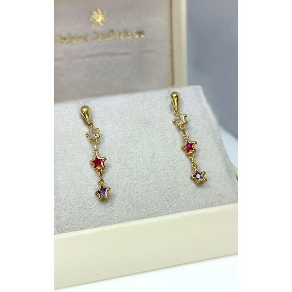Brinco em Ouro 18k Estrelas com Pedras Coloridas