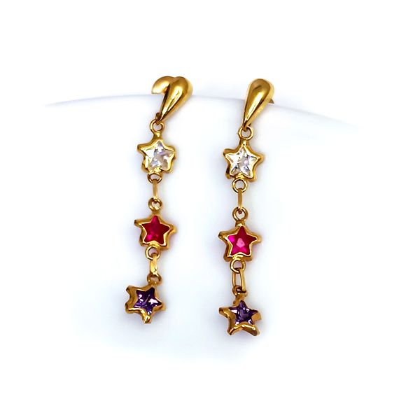 Brinco em Ouro 18k Estrelas com Pedras Coloridas