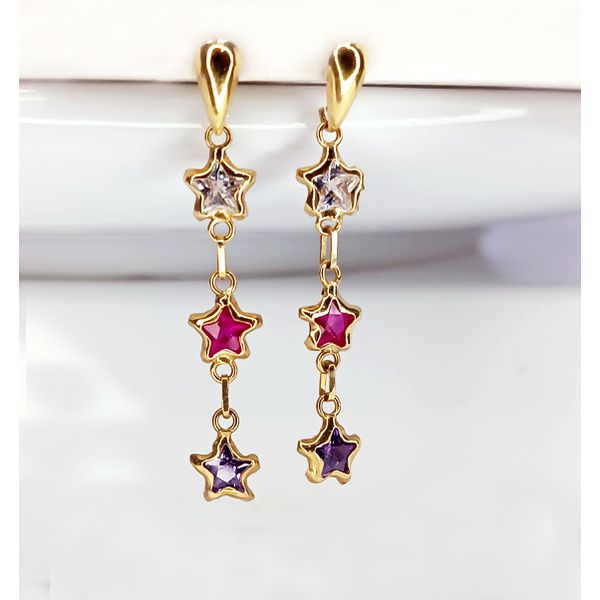 Brinco em Ouro 18k Estrelas com Pedras Coloridas