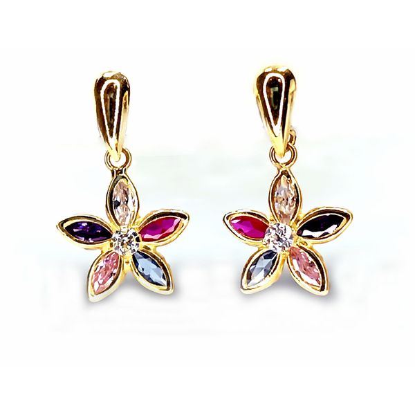 Brinco em Ouro 18k Flor com Pedras Coloridas