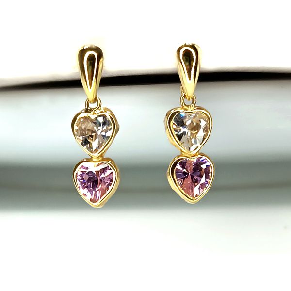 Brinco em Ouro 18k Coração Branco e Rosa com Zircônias