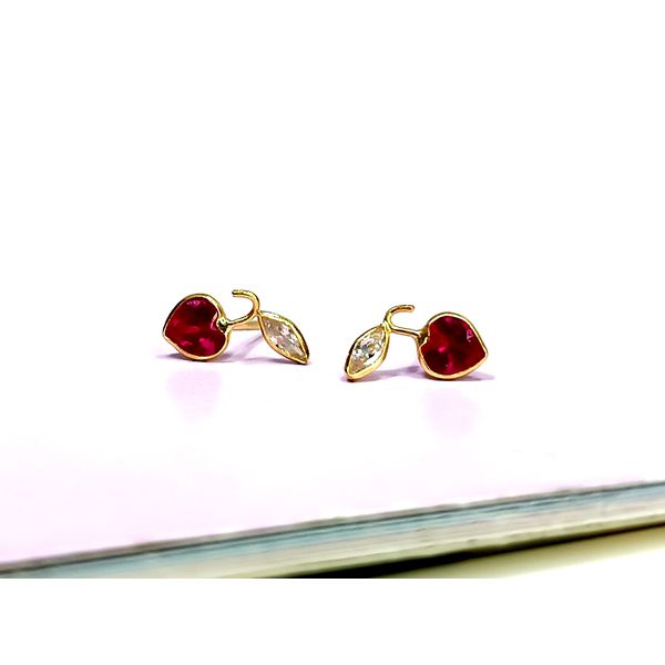 Brinco Cerejinha Coração Vermelho em Ouro 18k 