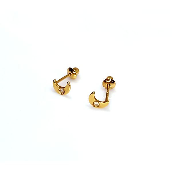 Brinco em Ouro 18k Lua Polida com Pedra Branca