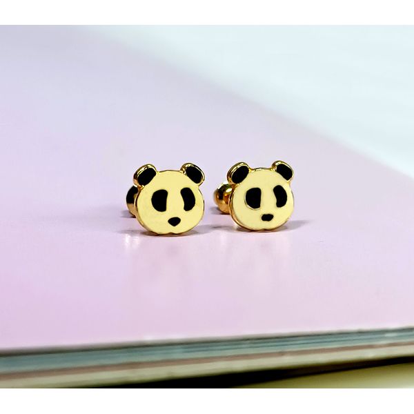 Brinco em Ouro 18k Ursinho Panda Esmaltado 