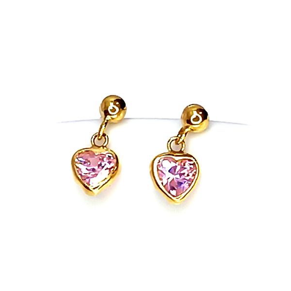 Brinco em Ouro 18k Coração com Zircônia Rosa