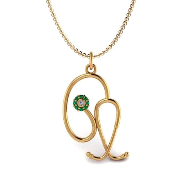 Pingente Profissões em Ouro 18k Estetoscópio de Medicina com Pedra de Esmeralda