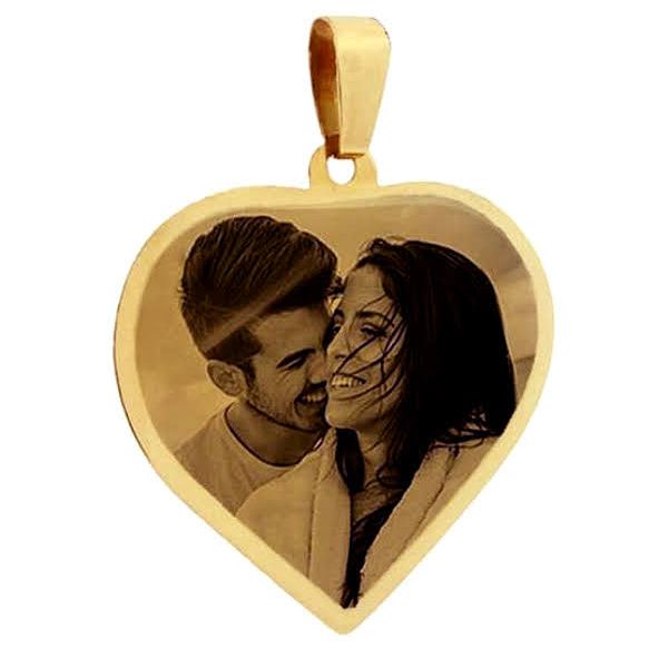 Pingente Placa Laser Coração com Fotos em Ouro 18k